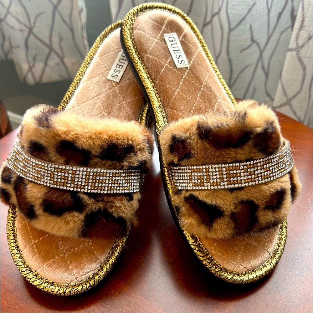 Plush faux fur animal print and rhinestone Guess slippers